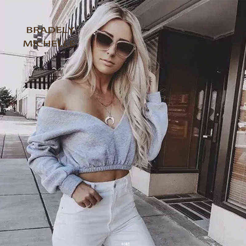 BRADELY MICHELLE Women Sexy Sweatshirt Streetwear Hoodies Hip Pop Crop Top Female Long Sleeve Deep V-neck Pullovers 211109