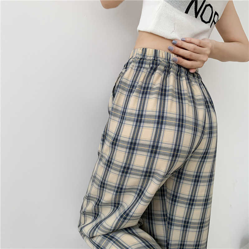 H.SA Wide Leg Pants Women Long Floor Trousers Elestic Tie Waist Plaid Loose Wide Leg Trouser Retro Streetwear Straight Trousers 210716