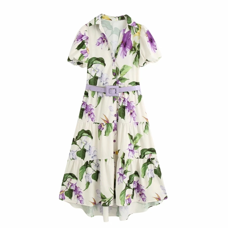 Elegant Women Floral printing Sashes Shirtwaist dress Femme Lantern Sleeve Midi Dresses Casual Lady Loose Clothes D6183 210430