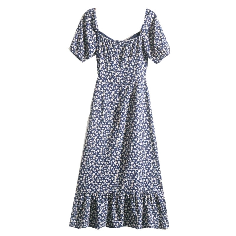Vintage France Style Elegant Floral Print Slim Short Sleeve Dress Chic Ruffles A-line Midi Women Dresses Back zipper 210429