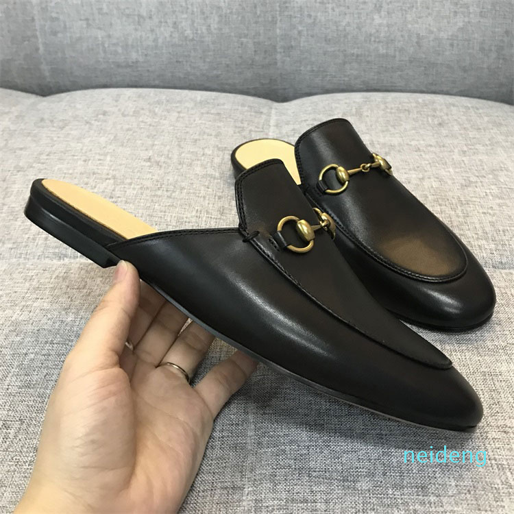 Muller slipper Styles Genuine leather loafers with buckle Fashion women Princetown slippers Ladies Casual Mules scuffs womens 9696, Black