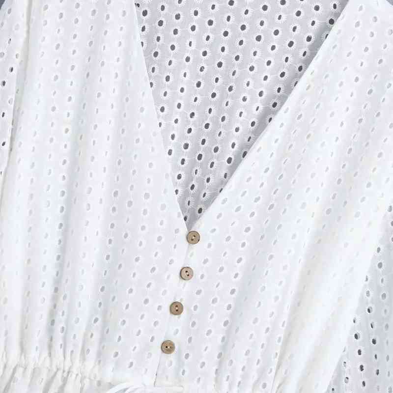 Spring Women Hollow Embroidery V Neck Midi Dress Female Three Quarter Sleeve Clothes Casual Lady Loose Vestido D7501 210430