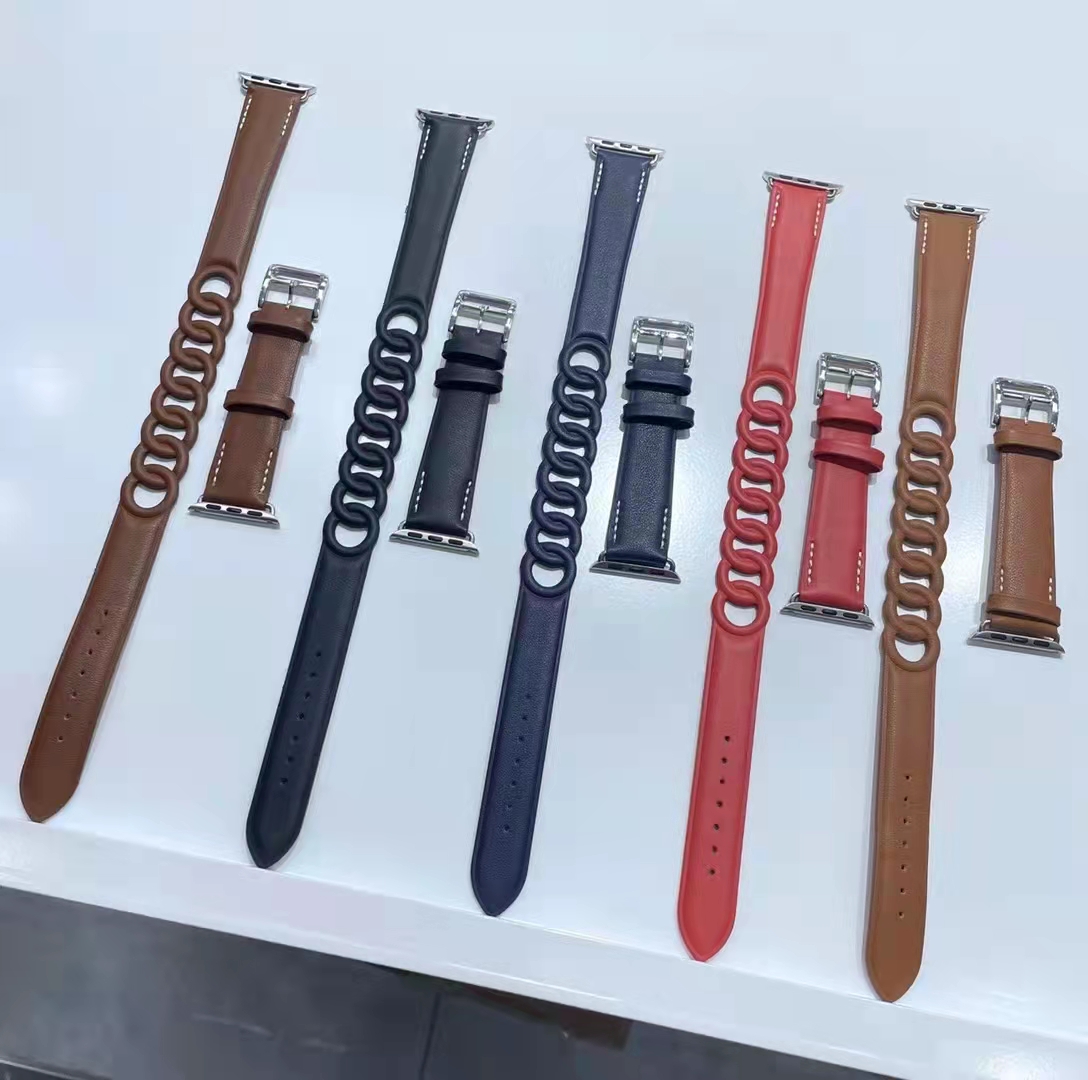 Gourmette Leather Double Tour Strap band Compatible with Watch 7 45mm 41mm correa 42 38mm bracelet iwatch series 6 5 4 3 Se 44mm 40mm