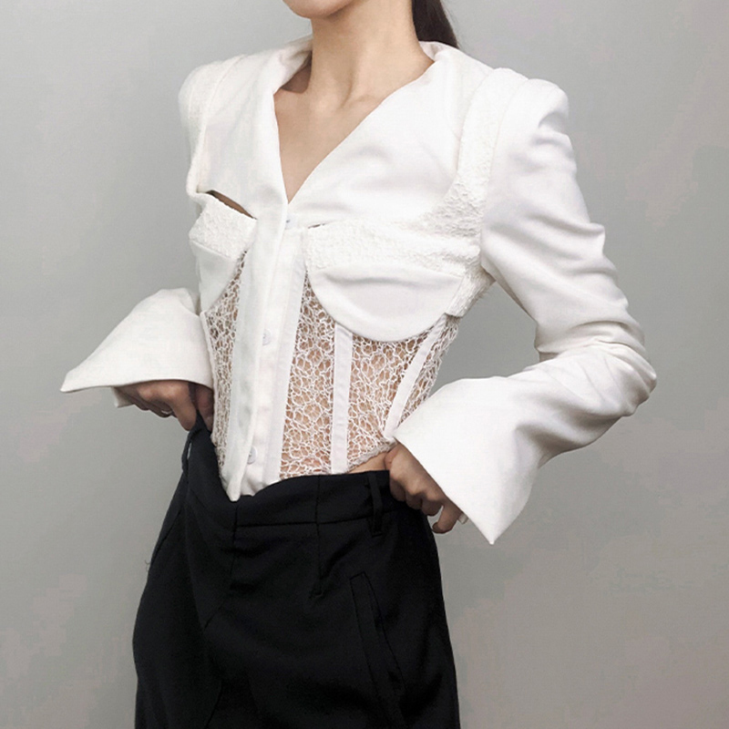 White Korean Short Slim Blazer For Women V Neck Long Sleeve Patchwork Lace Blazers Female Spring Fashion Style 210524
