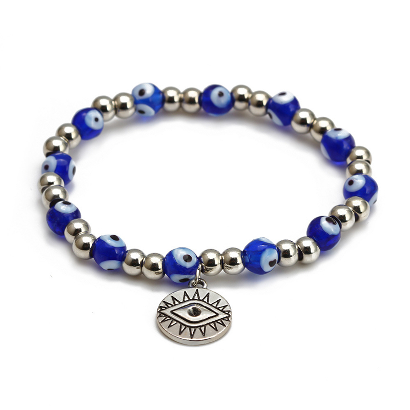 Blue Evil Eyes Beaded Strands Charm Bracelets Fashion Stretch Silver Bead Bracelet Bangles Lucky Turkish Pendant Jewelry Accessories for Women Men Gif