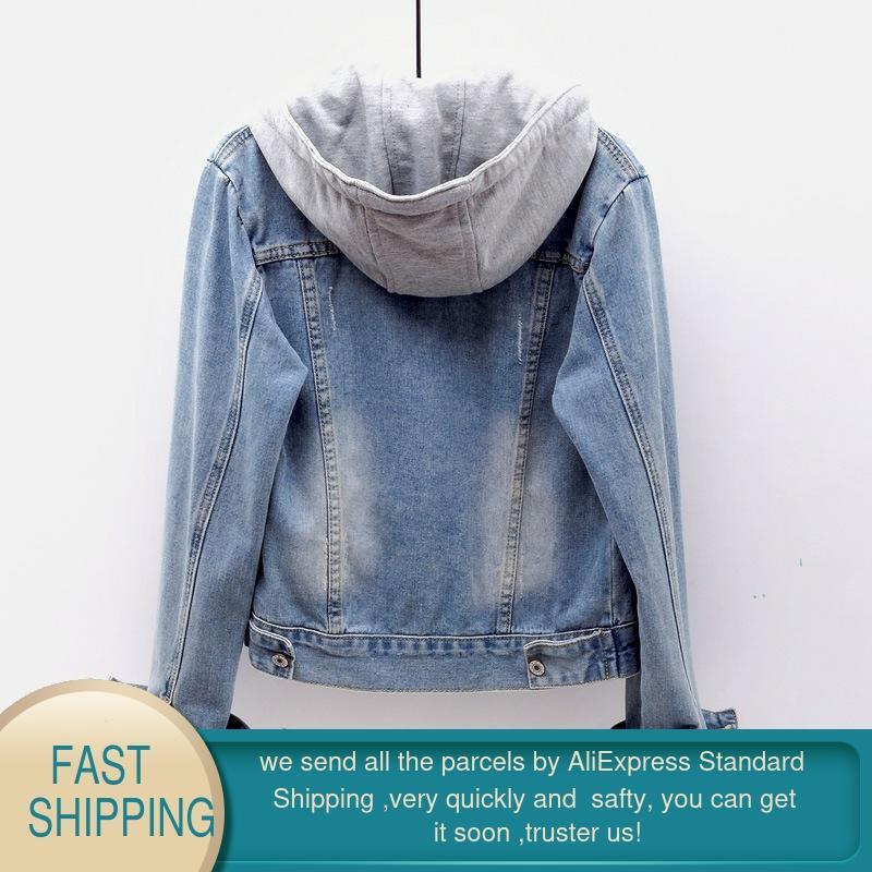 Vintage Denim Jacket Women Autumn Coat Ripped Hooded Outerwear Coats Windbreaker Basic Boyfriend Female Jeans Plus Size 210428