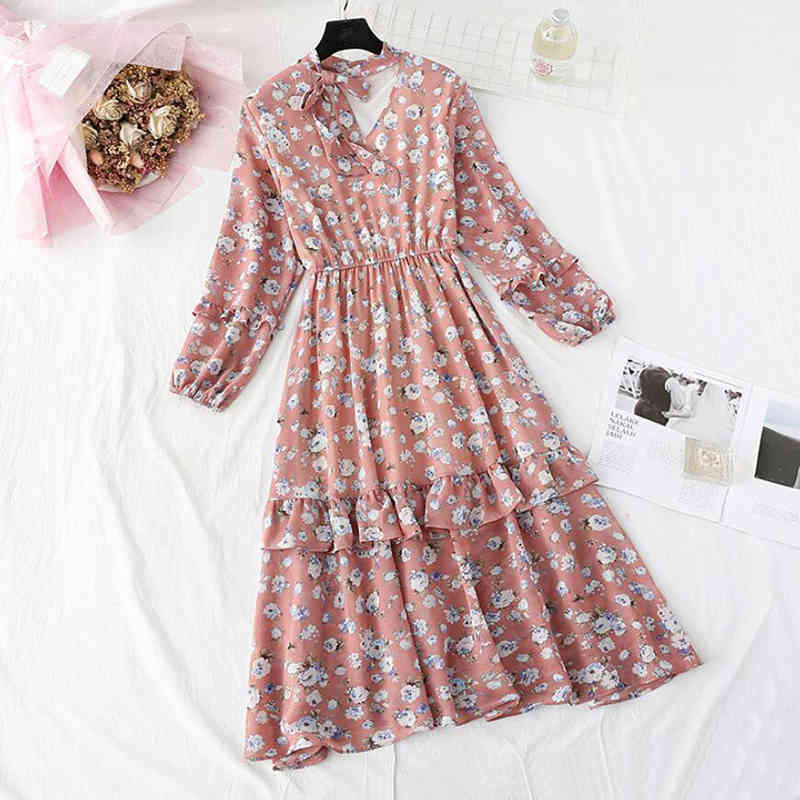 Chiffon Women Dress Vintage Lotus Leaf Flowers Print Party Dress Long Sleeve Vestidos Elegant Women Spring Summer Dress 210521