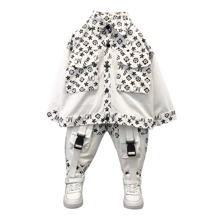 Kids Boy's Cool Shirt Coat Jacket Dungarees Pants Set Students Children's with Knee Pocket Two piece Outfits Sportswear