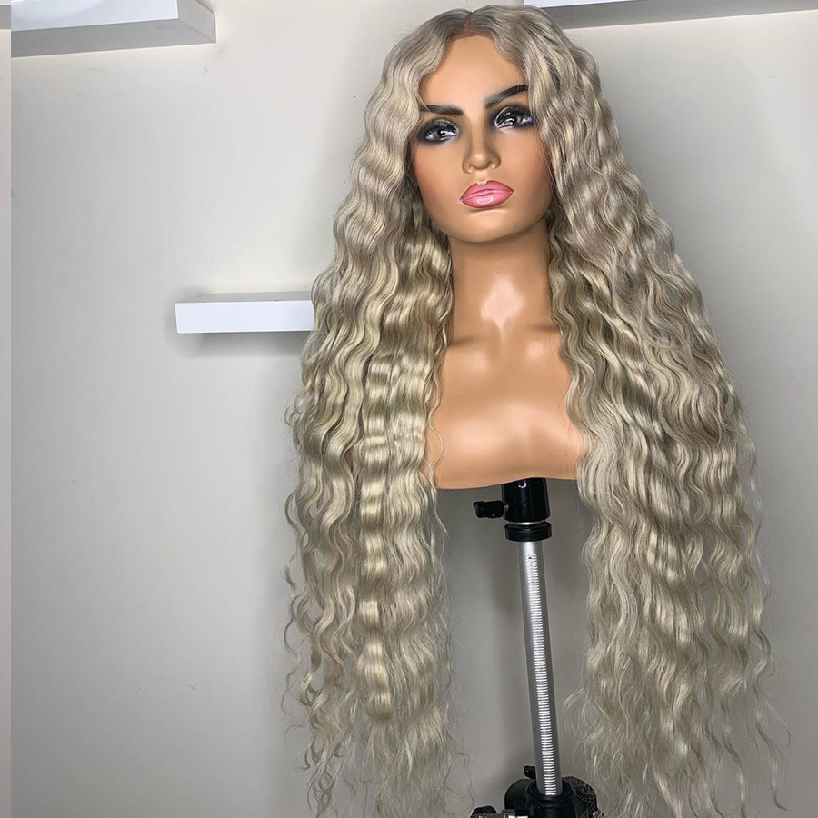 Long Blonde Synthetic Lace Front Wig Grey Colored Pre Plucked Deep Wave Frontal Simulation Human Hair Wigs For Women