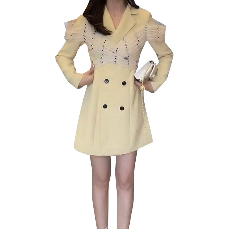 VGH Temperament Patchwork Lace Dress For Women Notched Long Sleeve High Waist Hollow Out Korean Dresses Female Fashion New Tide 210421