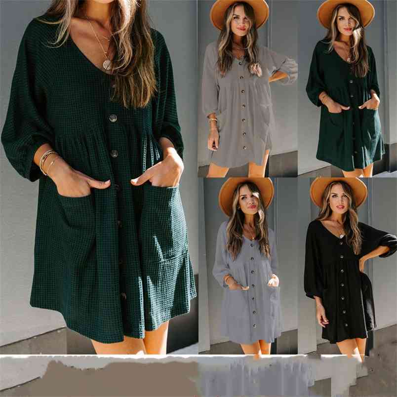Women' V-neck Breasted Three-quarter Sleeve Knit Pocket Loose Dress Autumn Button Solid Color Casual Mini 210517, Black
Women' V-neck Breasted Three-quarter Sleeve Knit Pocket Loose Dress Autumn Button Solid Color Casual Mini 210517, Black