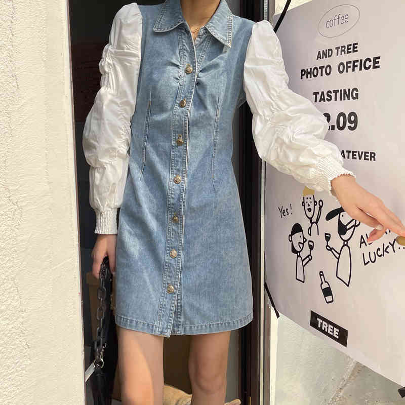 Dresses Casual Vintage Puff Long Sleeve Turn Down Collar Denim Dress Women Single-breasted Patchwork Vestidos Mujer Knee Street 210429