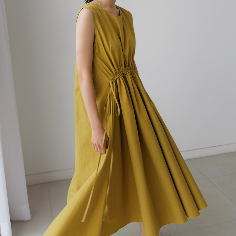 Casual Sleeveless Solid Color Drawstring Round Neck A-E Midi Dress