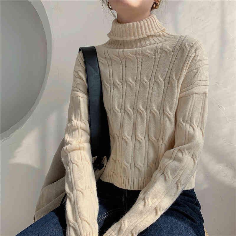 Autumn Winter OL Outwear Vintage Turtleneck Twist Sweater Women Short Tops Elegant Long Sleeve Knitted Sweaters 210421