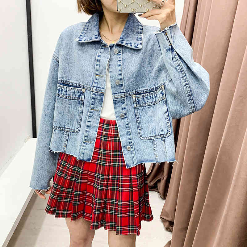 Fashion Blue Denim Jacket Women Loose Long Sleeve Pockets Single Breasted Coat Turn Down Collar Casual Short Jackets 210414