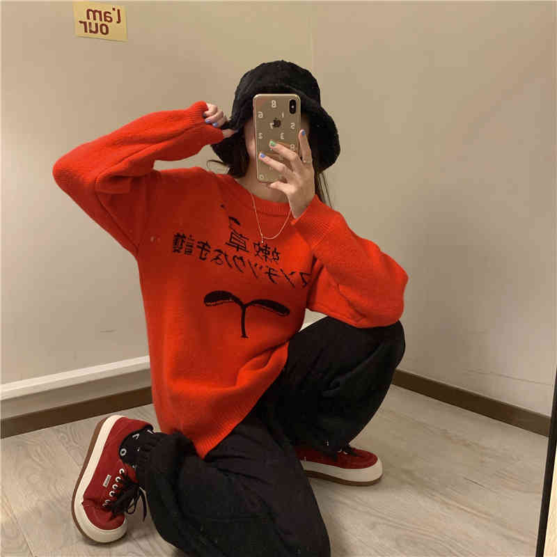2colors autumn winter korean style loose Cartoon Funny Sweaters thick warm Knitted Sweaters and pullovers womens (C8206) 210423