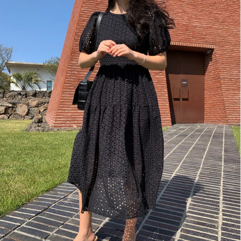 Women Summer Dress Fashion Elegant Short Sleeve White Hollow out O-Neck Casual Beach Midi Dresses Robe Vestidos 210519