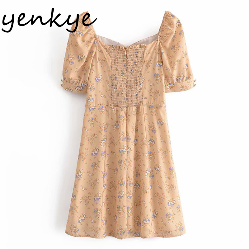 Sweet Women Vintage Floral Print Chiffon Dress Female Short Sleeve A-line Holiday Summer Mini Vestido 210430