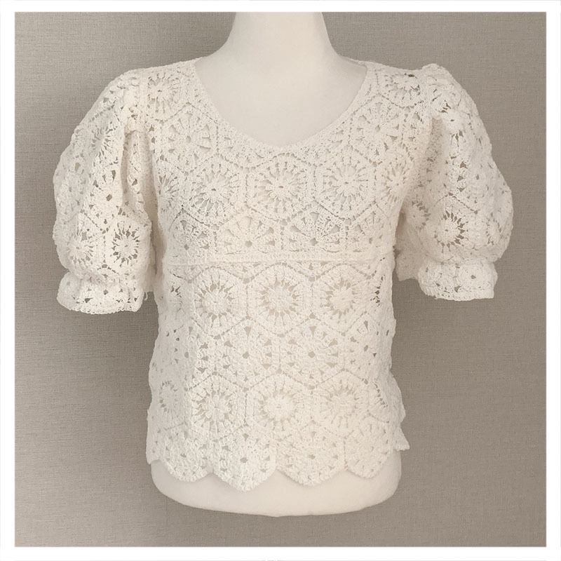 Korean Fashion Clothing Vintage Summer Tops Women Puff Sleeve Hollow Out Shirt Female Retro Perspective Lace Blouse 9591 210506