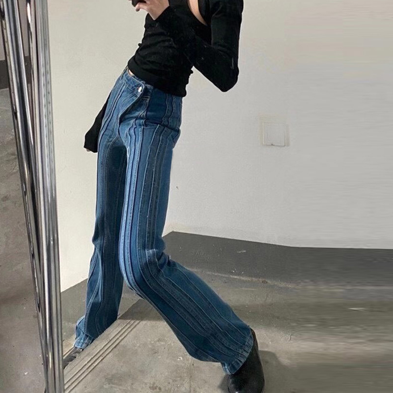 VGH Striped Streetwear Falre Pants Denim Trousers Irregular High Waist Office Ladies Style Jeans Female Spring Fashoin New 210421