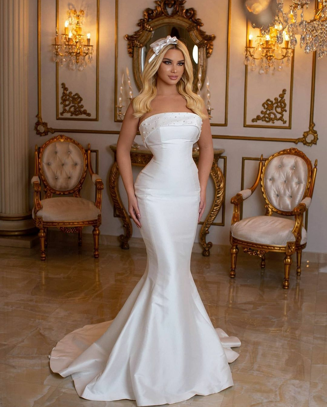 Strapless Satin Mermaid Wedding Dresses Pearls Arabic Bridal Gowns Sweep Train Elegant vestido de novia Customise