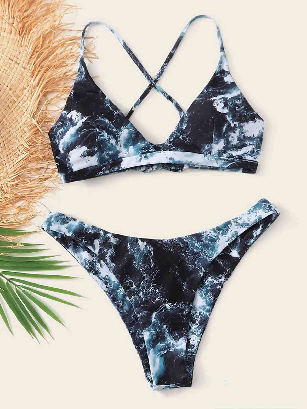 Beach Set Sexy Back Cross Lacing up Gradient Print Bikini Padded Bra Swimwear Swim Women Suit Swimsuit 2 pieces set 210429