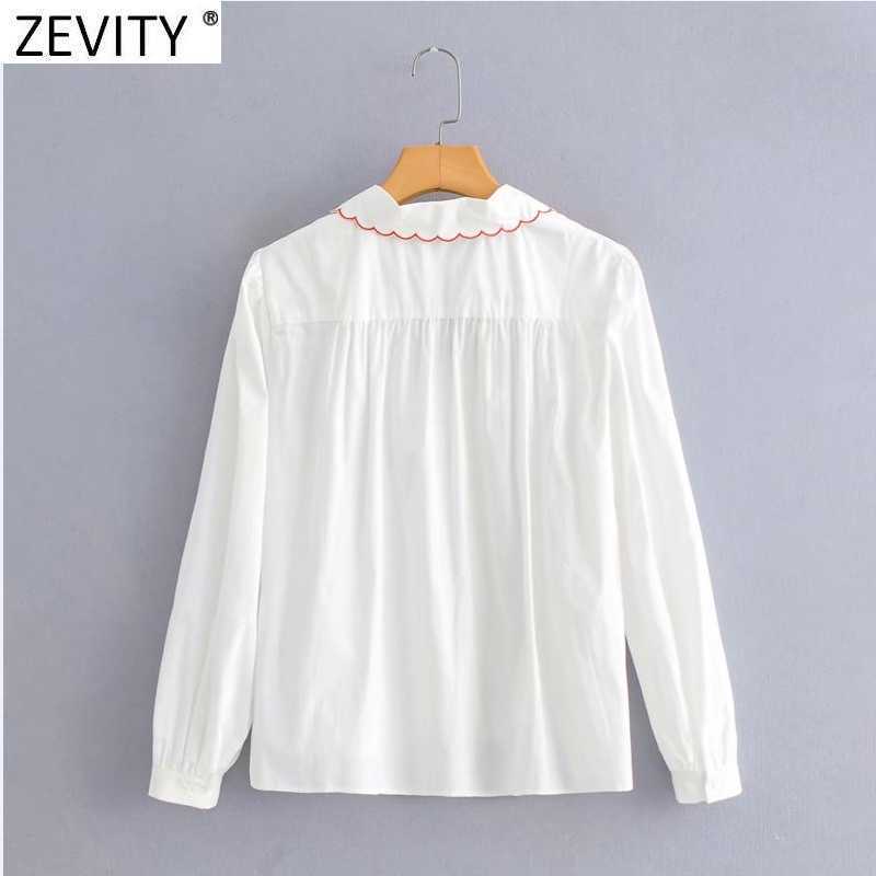 Zevity Women Sweet Floral Embroidery Casual Breasted Shirt Prairie Chic Puff Sleeve Female Blouse Roupas Chemise Tops LS9289 210603