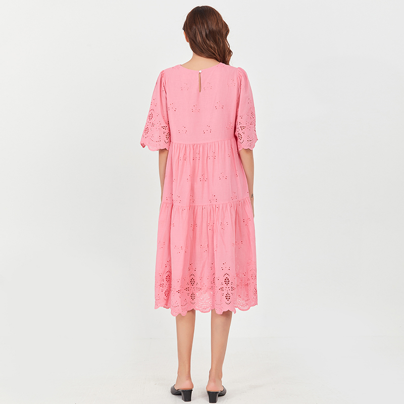 VGH Pink Hollow Out Dress For Women O Neck Half Sleeve Ruched Elegant Midi Dresses Female Fashion New Clothing Summer Tide 210421