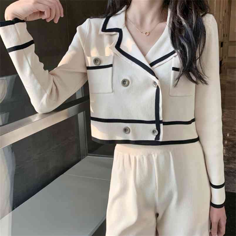 Elegant Women Spring 2 Piece Set Knit Lapel Long Sleeve Double breasted Sweaters Top + Ankle-Length Wide Leg Pant Suits 210519