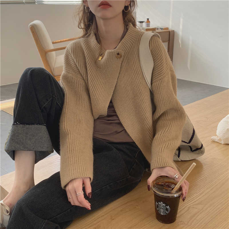 Qooth Winter Cardigan Casual Women Full Sleeve Knitting Cotton Outwear Loose Plain Color Lady Clothes Coats QT288 210609