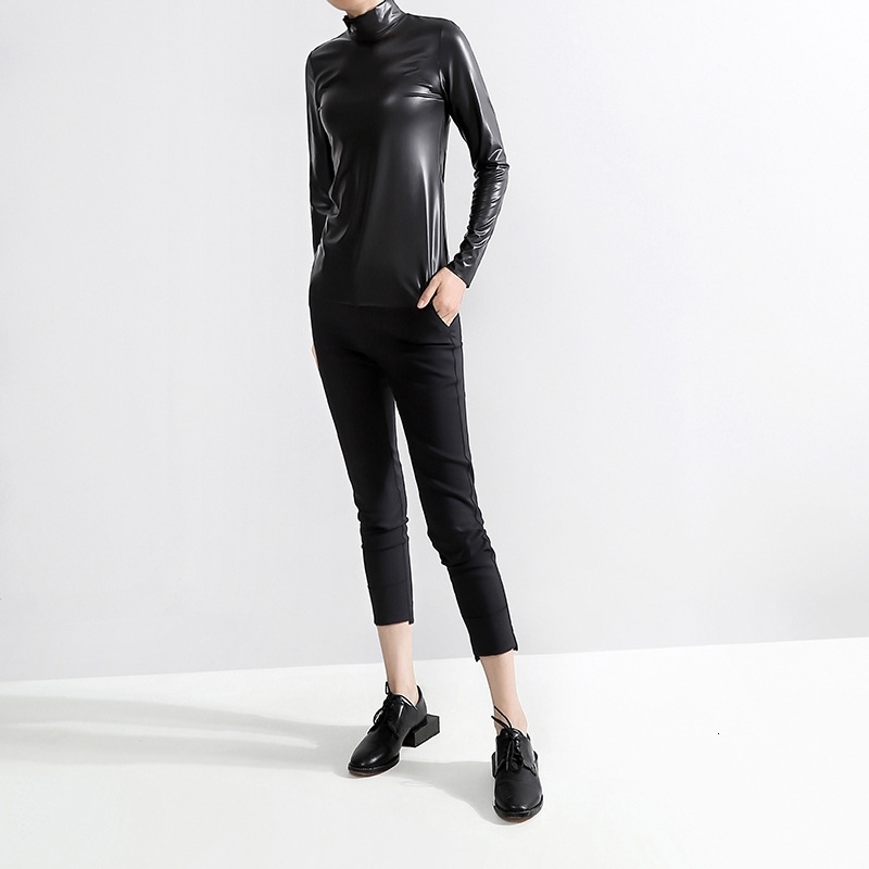 EAM Women Black Brief Pu Leather Temperament Tshirt Stand Collar Long Sleeve Fashion Spring Autumn JY93301 210406
