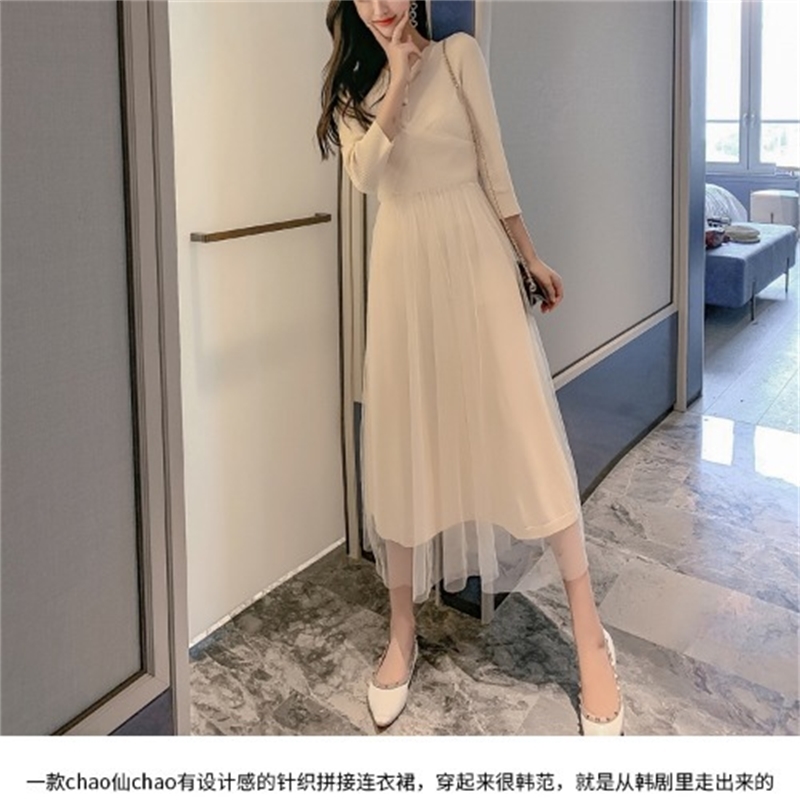 Autumn Elegant mesh knitted dress for women Long Sleeve sexy Patchwork Sweater Dress women's Casual female 210428