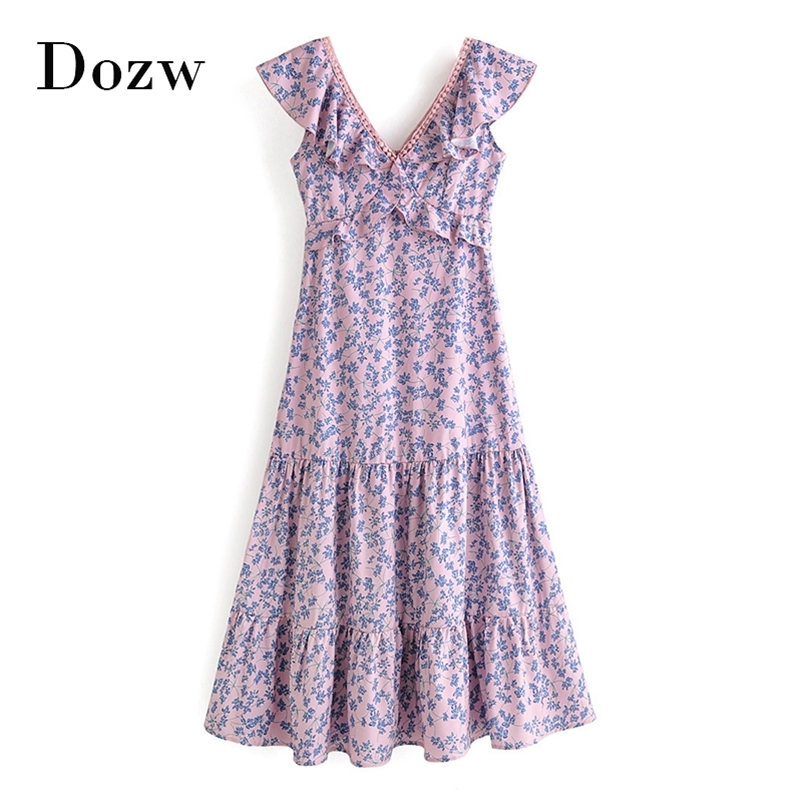 Women V Neck Floral Dress Ruffles Lace Patchwork Holiday Midi Summer Sleeveless Pleated Elegant Beach Vestidos Mujer 210515