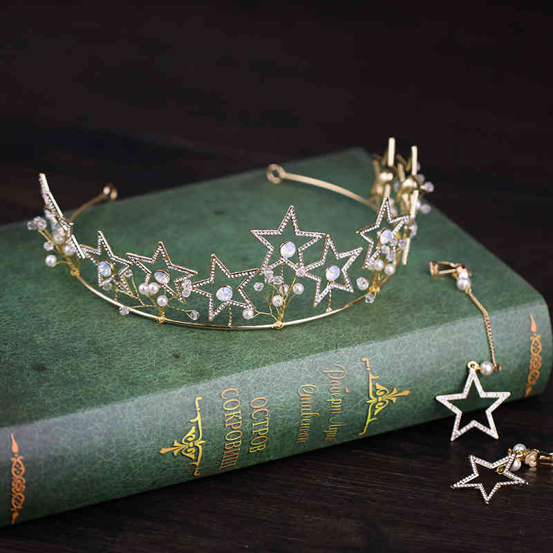 Wedding Hair Jewelry Accessories Golden Star Crown Earring Set Bridal Headdress Rhinestone