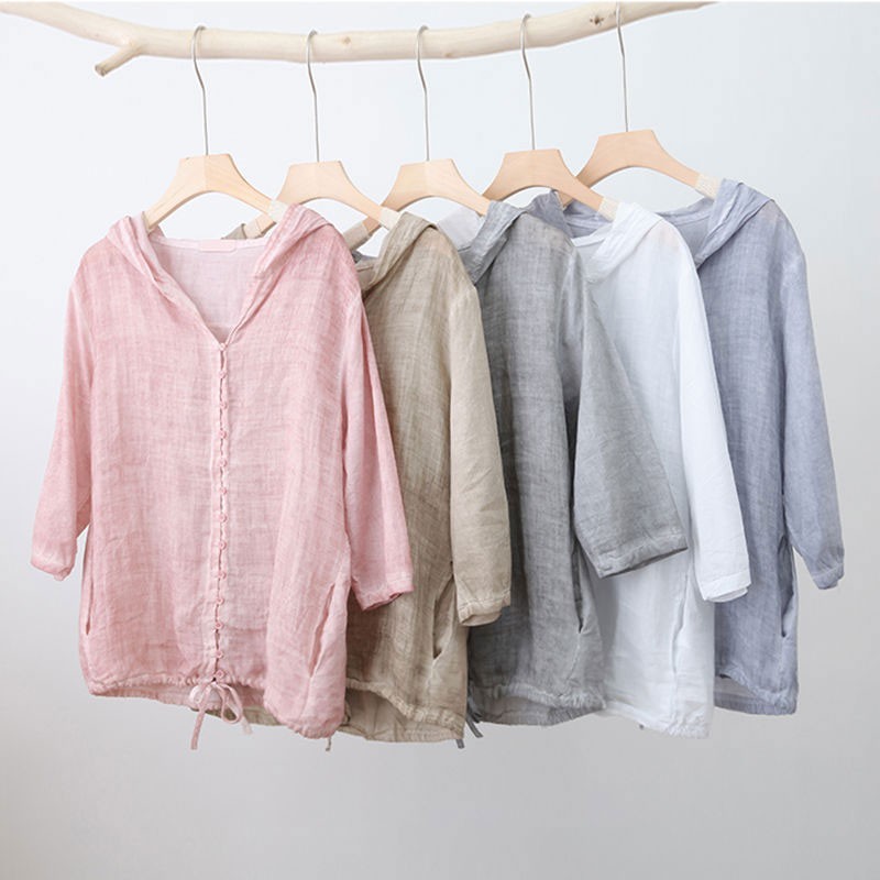 Summer Arts Style Women 3/4 Sleeve Thin Loose Short Jackets Coats All-matched Casual Hooded Linen Coat M254 210512