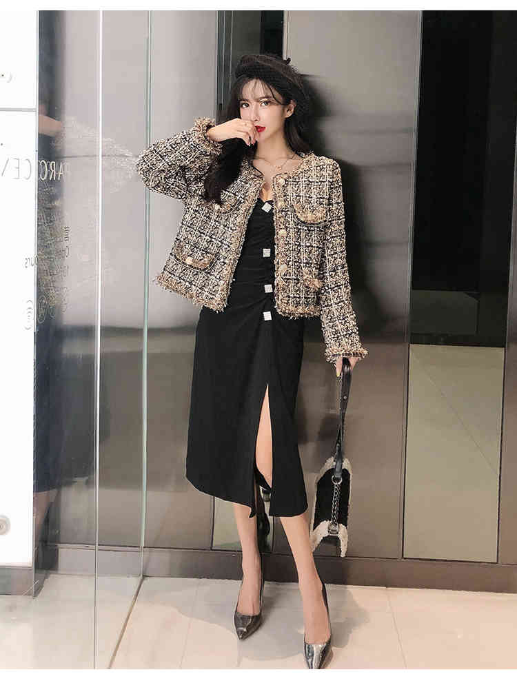 Autumn Winter Women Small Fragrance Vintage Plaid Tweed Jacket Coat Korean Elegant Long Sleeve Slim Short Outerwear 210519