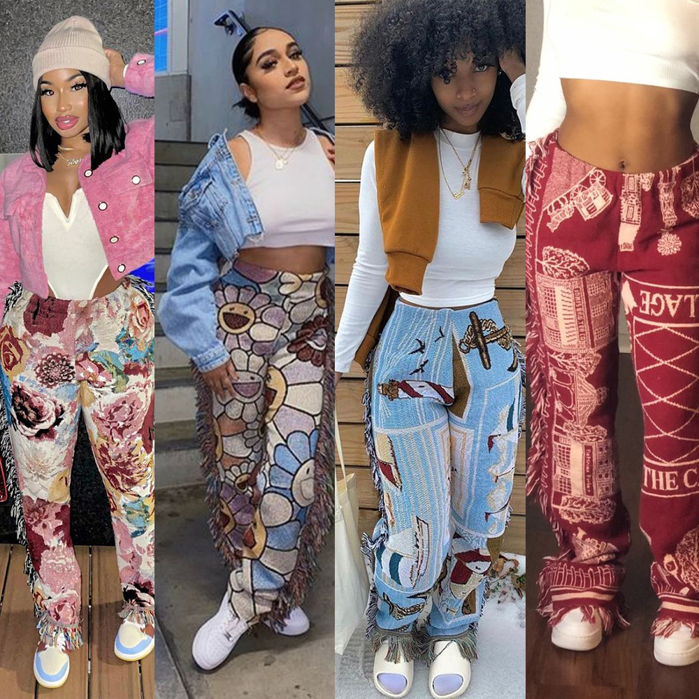 2021 Amazon Summer New Fashion Color Pattern Velvet Pants Women Casual Fringe Tassel Pants, Black;white
2021 Amazon Summer New Fashion Color Pattern Velvet Pants Women Casual Fringe Tassel Pants, Black;white