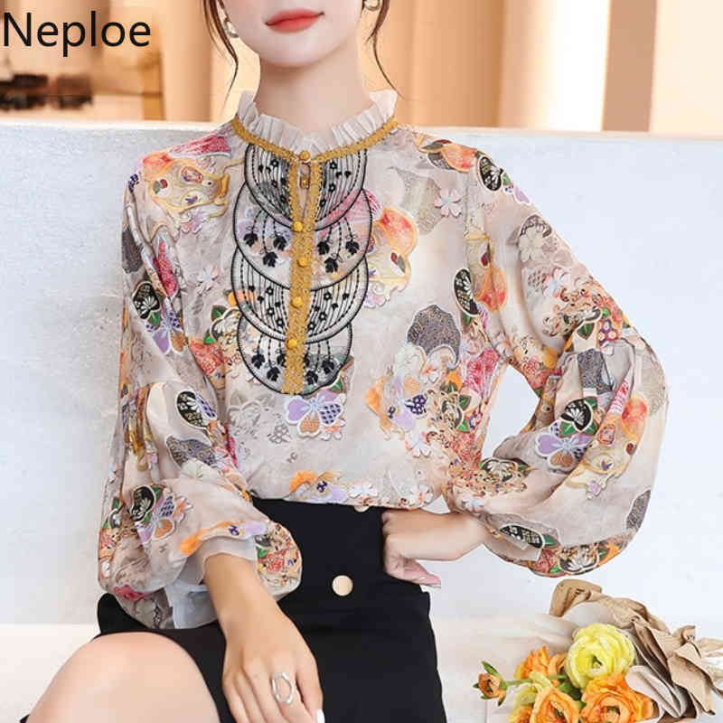 Neploe Vintage Blusas Mujer Print Chiffon Shirt Spring Loose Tops Stand Neck Lantern Long Sleeve Shirt Fashion Blouses Women 210422