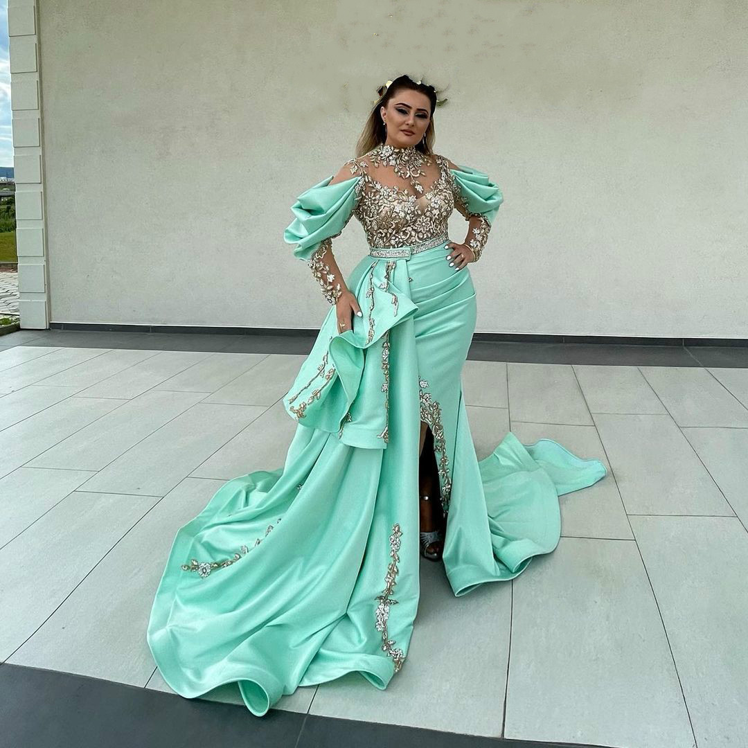 Arabic Dubai Crystal Mermaid Evening Dresses Beading Jewel Neck Long Sleeve Party Gowns Red Carpet Fashion Prom Quinceanera Dress