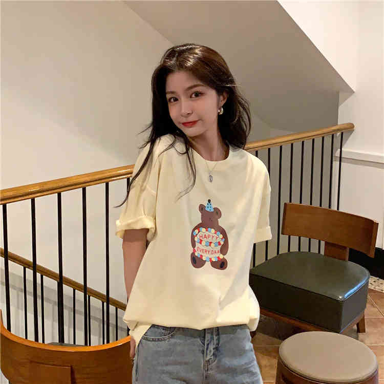 2colors Summer women tops korean style Cartoon Bear short sleeve t-shirts womens tee shirt femme (N0070) 210423