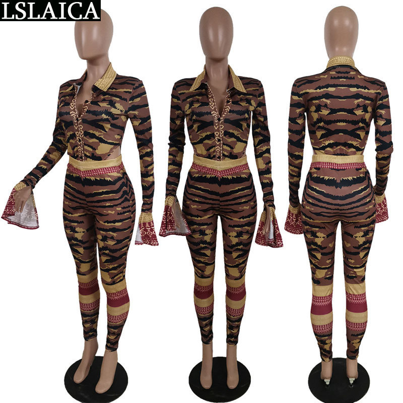 Outfits for Women Matching Sets Deep V Neck Long Sleeve Bodysuit&woman Pants Sexy Clothing Print Party Club 210515