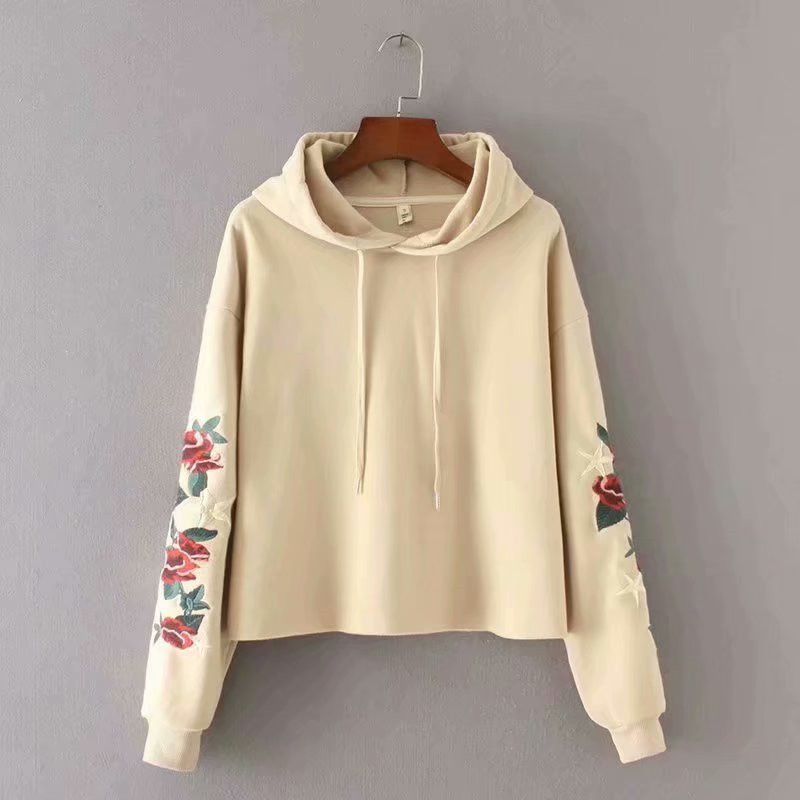 Women Fashion Flower Rose Embroidery Long Sleeve hm Hoodies Chic Ladies Hooded Collar Drawstring Casual Cotton Pullover 210421