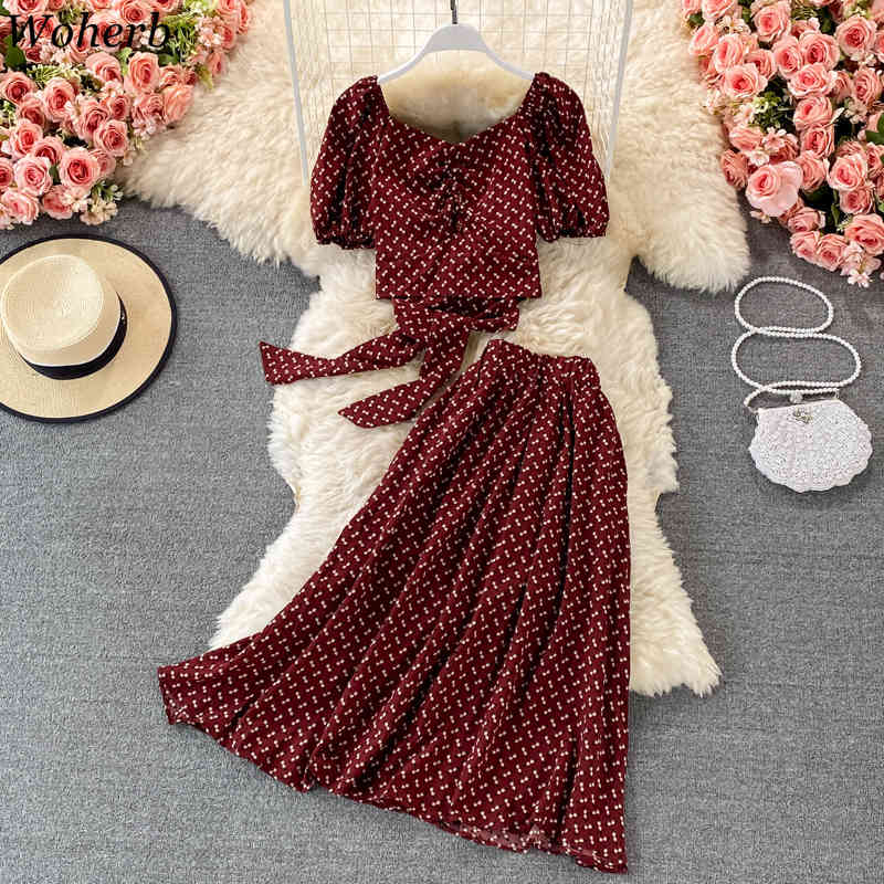 Women Chiffon 2pcs Set Summer Sexy V-Neck Short Sleeve Bandage Tops + High Waist Ruffle Long Skirt Fashion Suit 210519