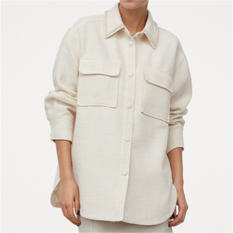 Elegant Women Beige Woolen Coats Fashion Ladies Turn Down Collar Pocket Outerwear Sweet Female Chic Pearl Jackets 210430