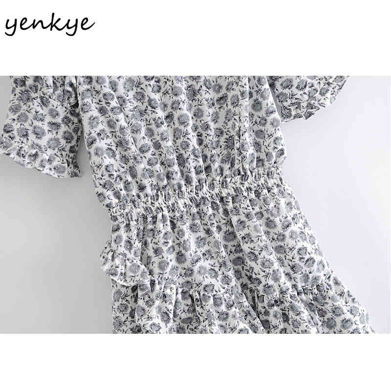 YENKYE Summer Dress Women Vintage Floral Print Asymmetric Ruffle Dress Female O Neck Short Sleeve Mini Vestido Short 210515