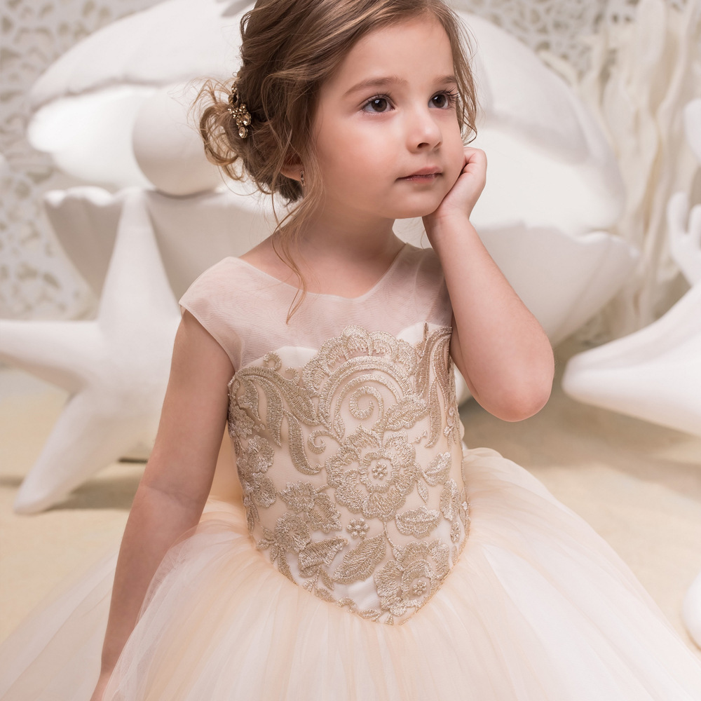 Champagne Lavender Lace Little Girls Pageant Dresses 3D Floral Appliques Toddler Ball Gown Flower Girl Dress Floor Length Tulle First Communion Gowns 