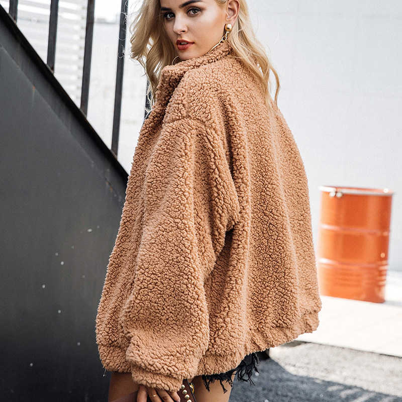 Fitaylor Spring Women Teddy Bear Coat Stand Collar Loose Plush Jacket Zipper Solid Warm Outwear Faux Lamb Coats 211019