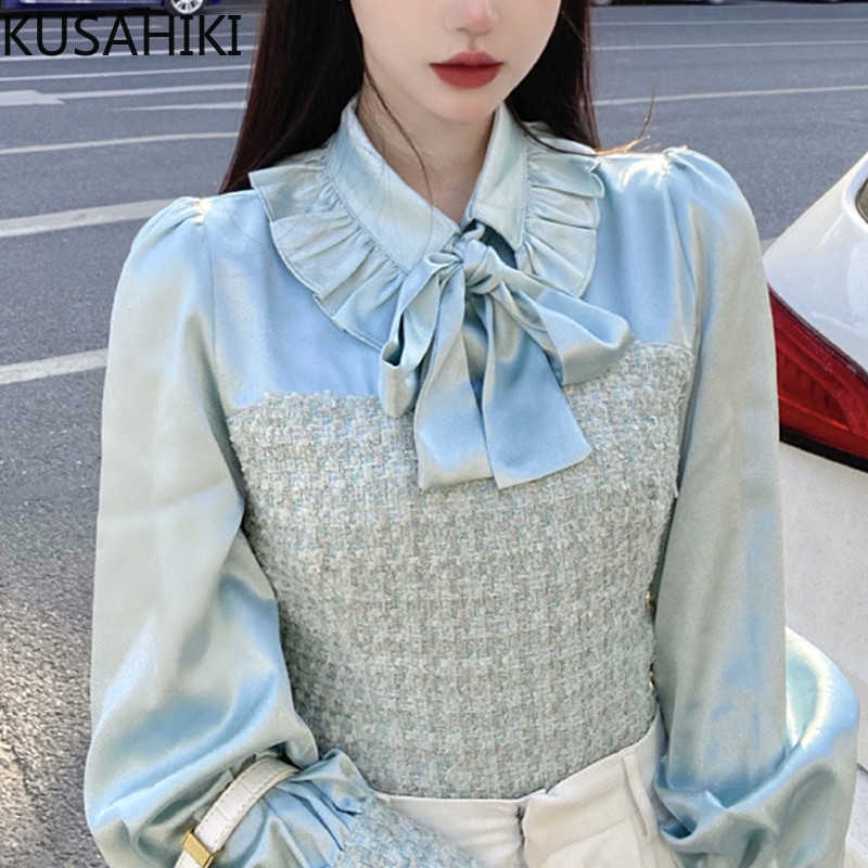 KUSAHIKI Korean Woolen Stitching Satin Shirt Bow Tie Ruffle Turn-down Collar Blouse Spring Puff Sleeve Blusas De Mujer 6F939 210602, Photo color
KUSAHIKI Korean Woolen Stitching Satin Shirt Bow Tie Ruffle Turn-down Collar Blouse Spring Puff Sleeve Blusas De Mujer 6F939 210602, Photo color