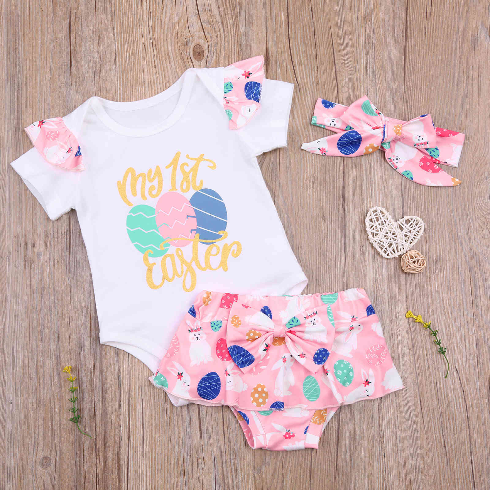 0-18M born Infant Baby Girls My 1st Easter Clothes Set Cute Egg Print Romper Bow Shorts Outfits 210515