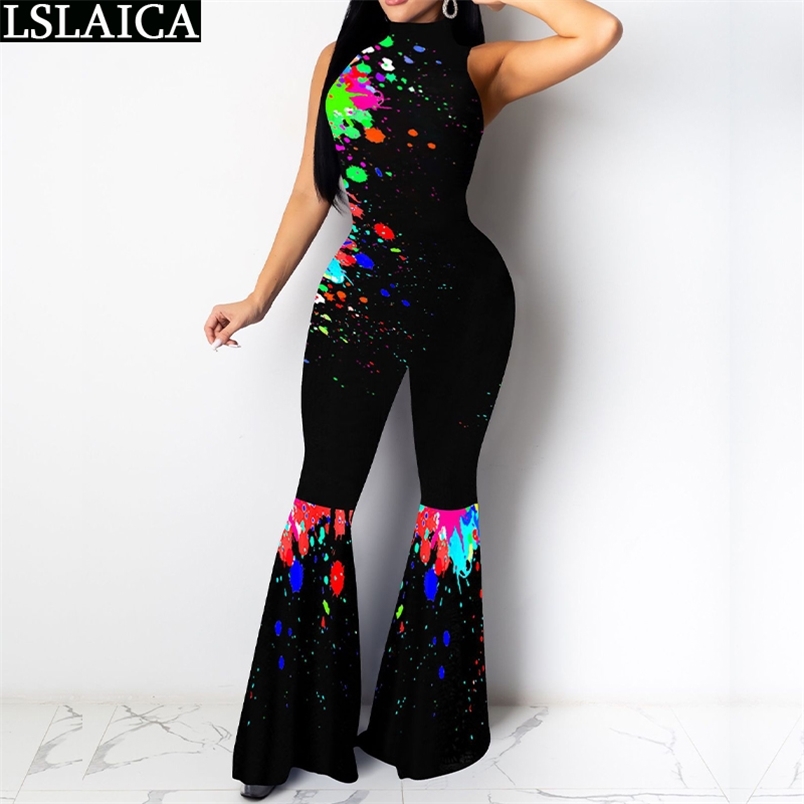 Bodysuit Women Summer Color Matching Halter Sleeveless Fashion High Waist Bell Bottom Pants Jumpsuit Skinny Plus Size 210515